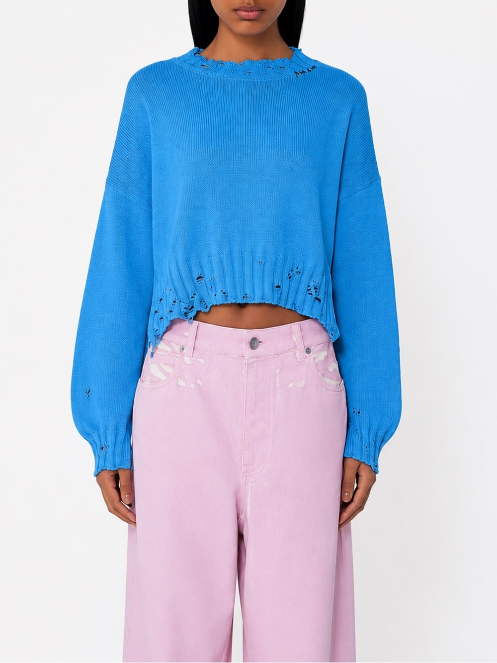 Marni Bright Blue Cropped Distressed Knit Sweatshirt New $895